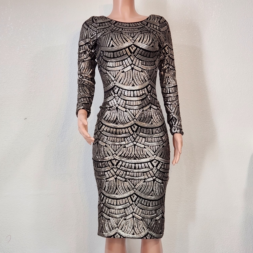 Dress The Population Mid-length Black With Silver Sequin Dress Sz Small